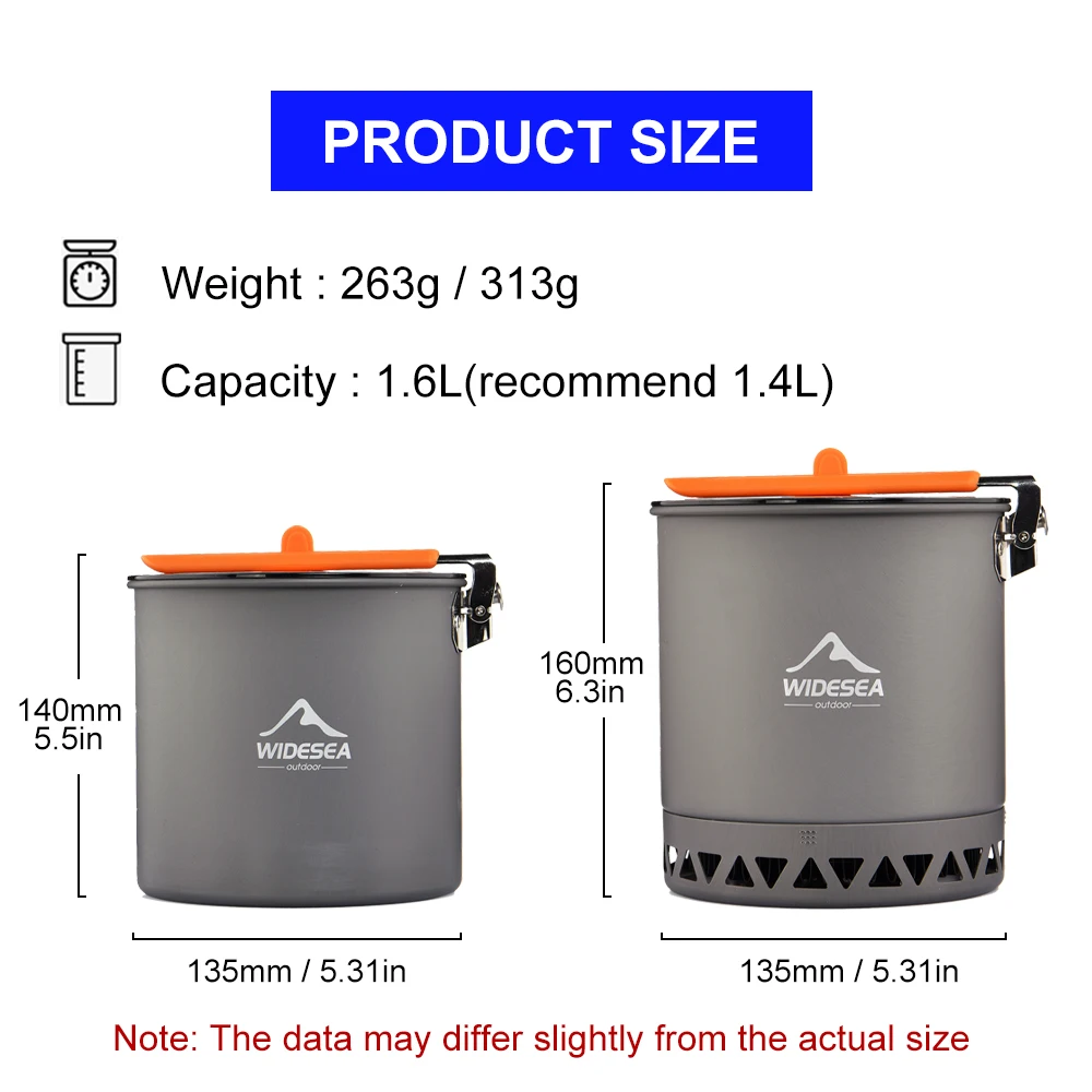 Widesea Camping Pot 1.6L Heat Exchanger Design Foldable Handle Anti-scalding Portable Outdoor Cookware with Mesh Bag for Hiking