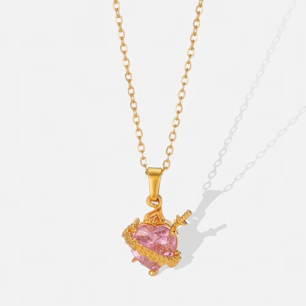 Luxury Pink Zircon Heart Necklace For Women Gothic Sword Go Through Love Choker Elegant Crystal Flower Necklaces Y2k Jewelry