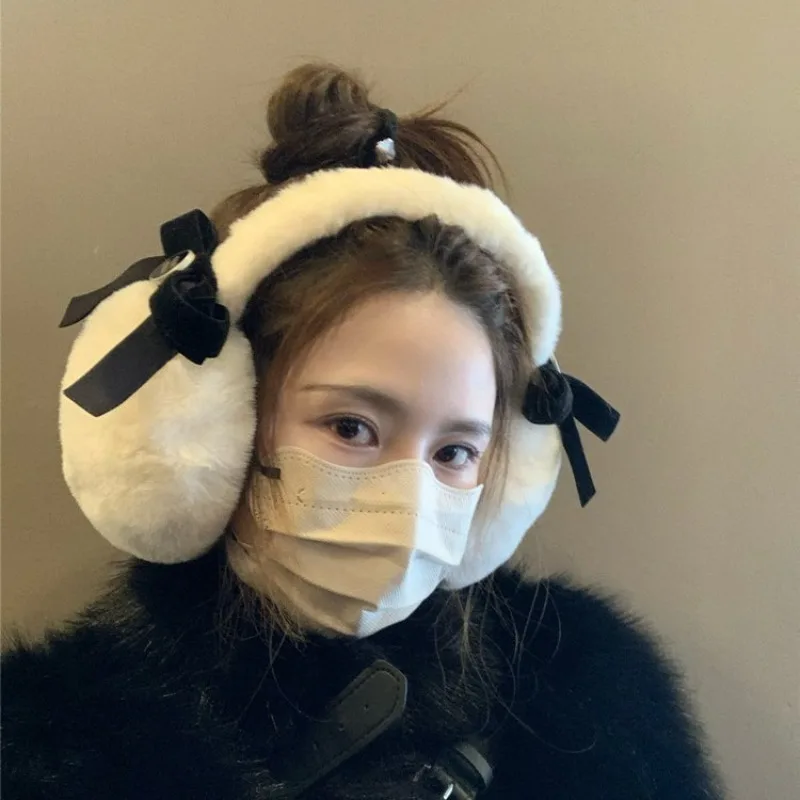 

Anjj Innovative Bow-knot Earmuffs Luxurious Fluffy Imitation Rabbit Fur Warm Earmuffs Winter Windproof Fashion Ear Muffs