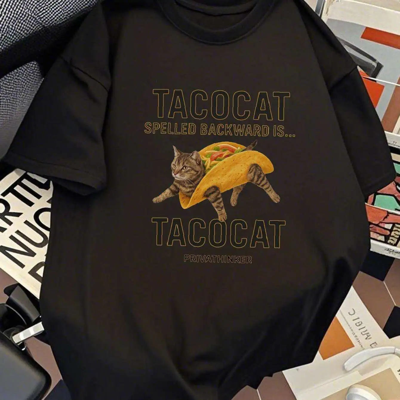 PRIVATHINKER Men's Funny Taco Cat Graphic T-Shirt -Taco & Cat Print, Humorous Spanish Wordplay Design for Casual Summer Wear Tee