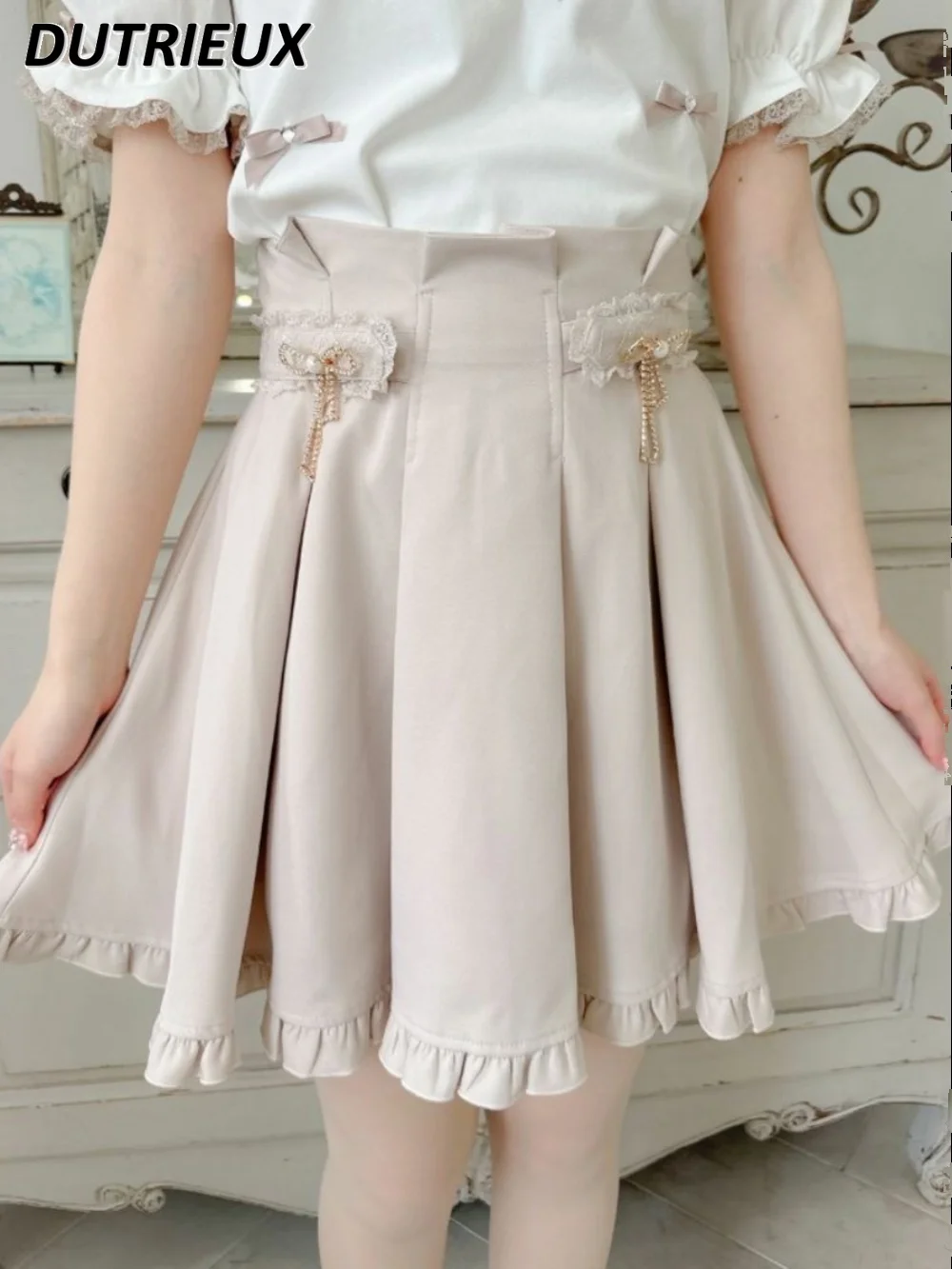 Double Metal Bow Cover Plaid Design Pleated Short Skirt Summer New Sweet High Waist Temperament Lady A-line Mini Skirts