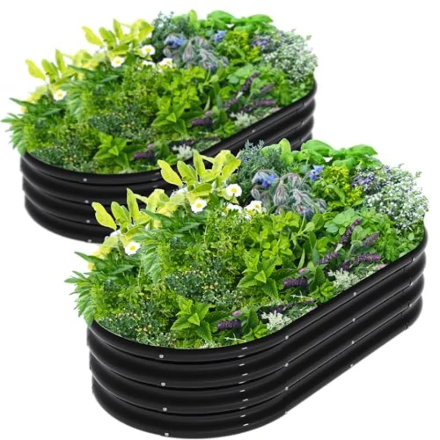 

Комплект из 2 овальных приподнятых грядок 4x2x1 фут (1,2x0,6 м) из оцинкованной стали для выращивания цветов, трав и овощей на открытом воздухе, черный