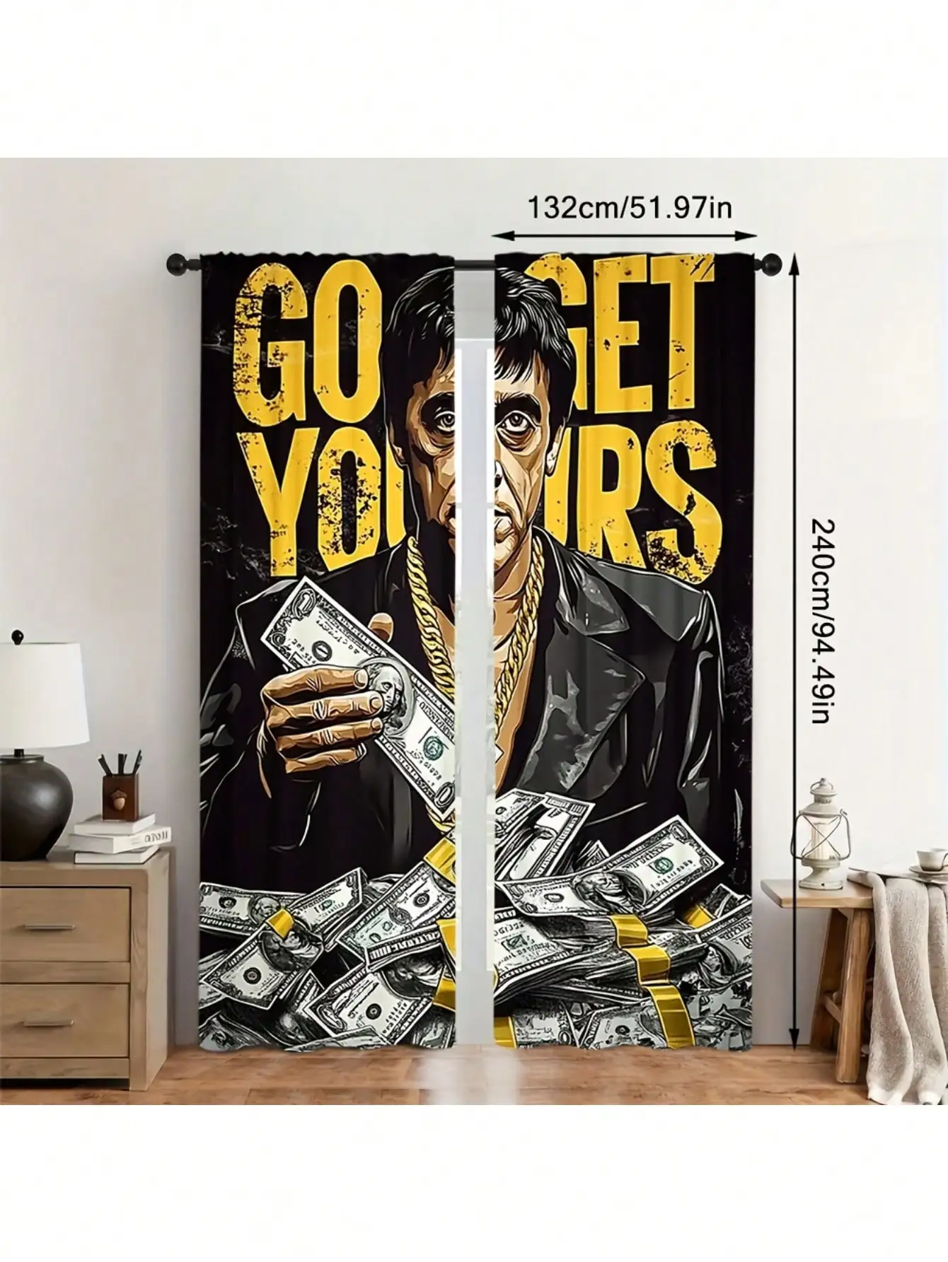 2pcs Money Theme Printed Curtains - Contemporary Style, Semi-Transparent Polyester Panels With Rod Pocket For Easy Hanging