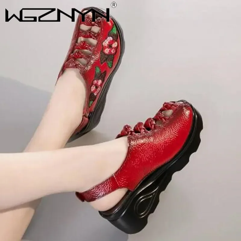 Fashion Genuine Leather Embroidery Sandals for Women 2025 New Retro Casual Summer Platform Sandals Women Wedges High Heel Shoes