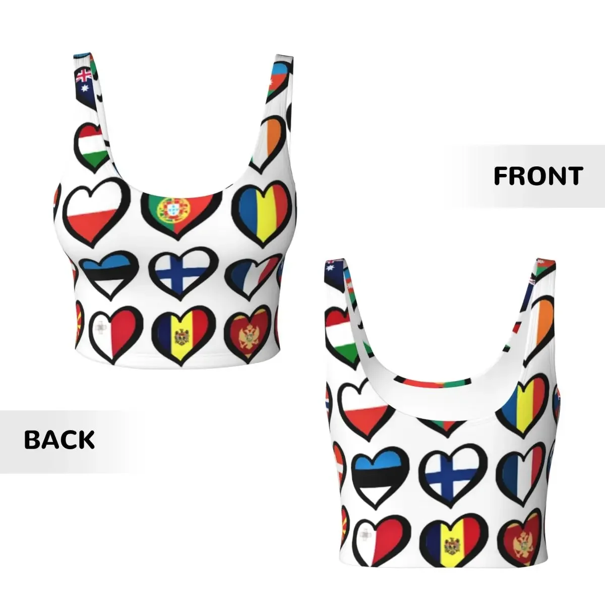 Custom Eurovision Song Contest Flags Hearts Women Sports Vest Bra Gym Workout High Impact Yoga Crop Tank Tops