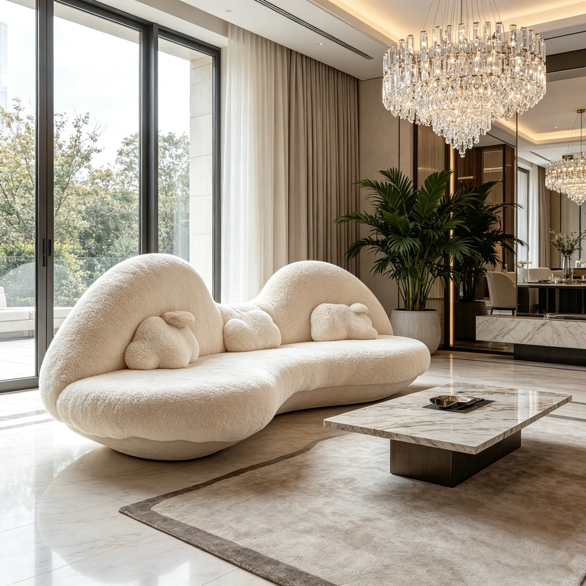 Cloud-shaped organic curved sofa, cream color, fabric upholstered sponge, with cloud-shaped pillow