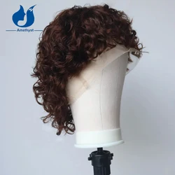 Amethyst Curly Mullet Wig with Bang #4 Brown for Men 100% Human Hair Full Lace Wig Brazilian Remy Short Pixie Cut Male Hair