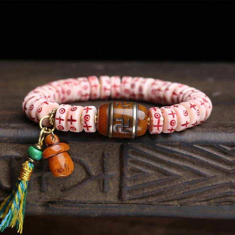 Natural Yak Charm Bracelet With Single-Loop Retro Bone Copper Inlay And Bead Accessories