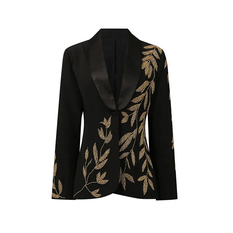 Leaf Pattern No Hood Coat Regular Length Office Style with Leaf Embroidery Jacket V Neckline Long Sleeves Fitted Women Suit