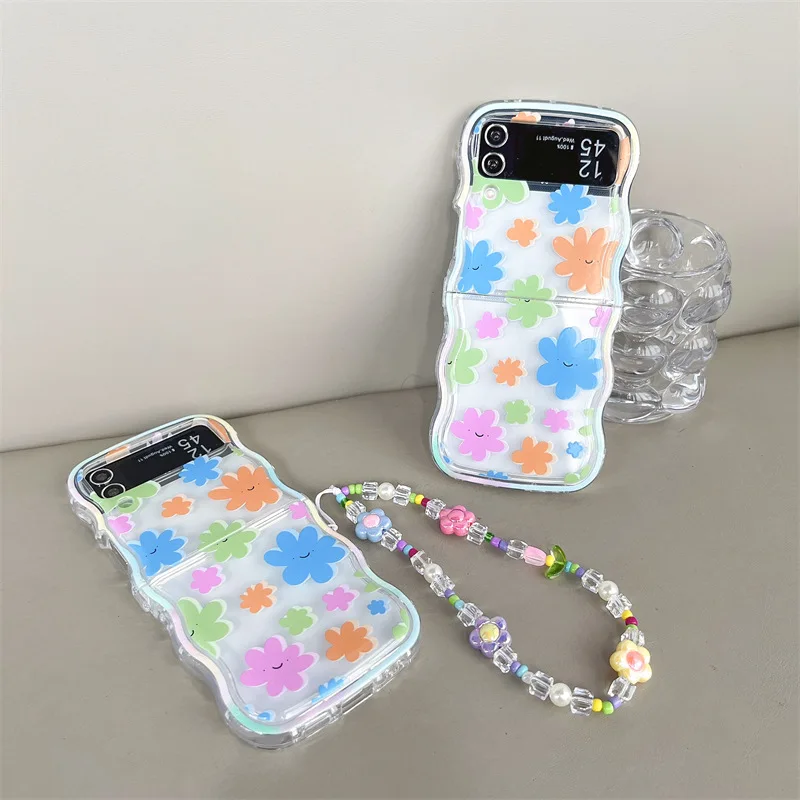 Samsung Galaxy Z Flip 7 6 5 4用 マルチカラーフラワー फोनケース、ZFlip5 ZFlip6 ZFlip7用保護バックカバー ケース シェル