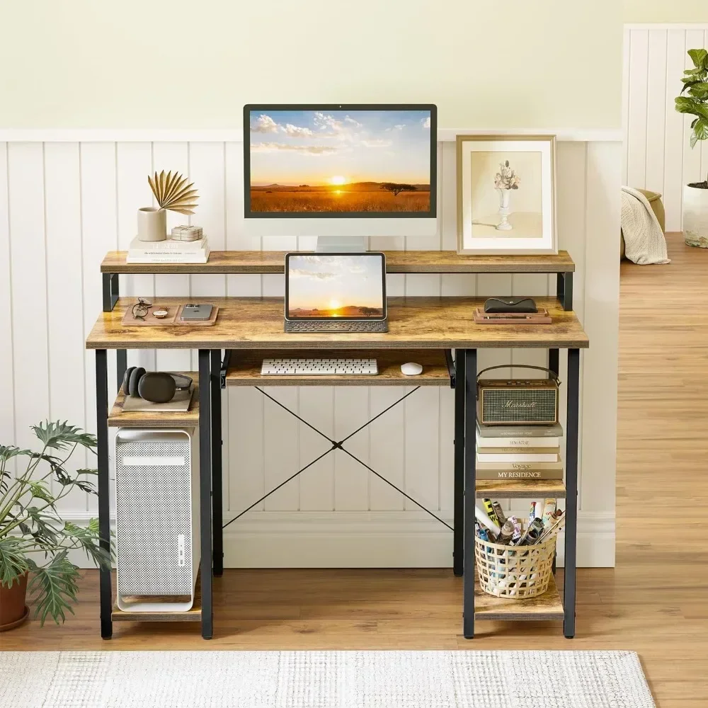 

47 Inch Computer Desk with Storage Shelves Monitor Stand Keyboard Tray, Home Office Desk, Study Writing Table, Rustic Brown