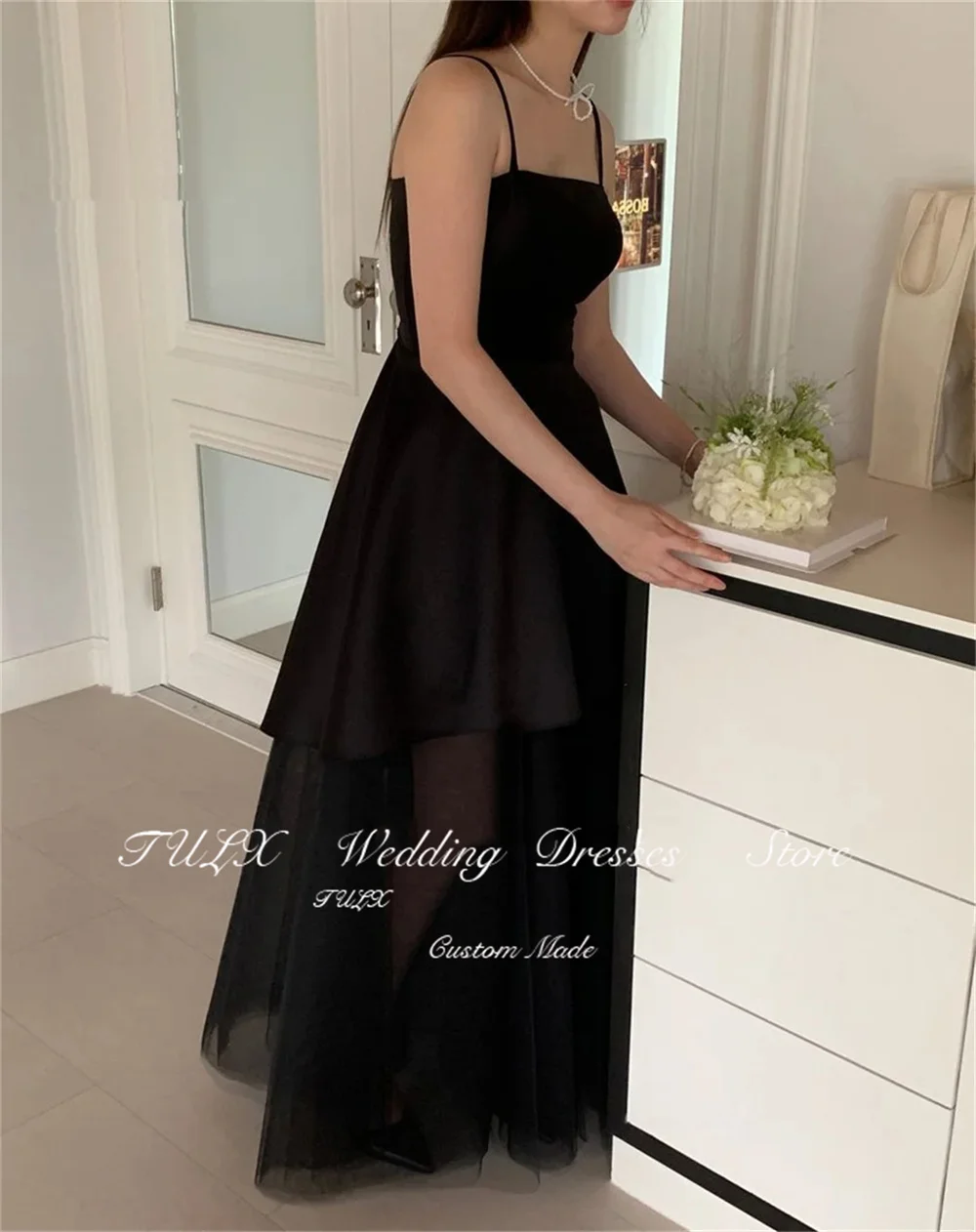 TULX Off Shoulder Tulle Shawl Evening Party Dresses Black Korea Satin Tiered Simple Elegant Women Formal Gowns Event Prom Gowns