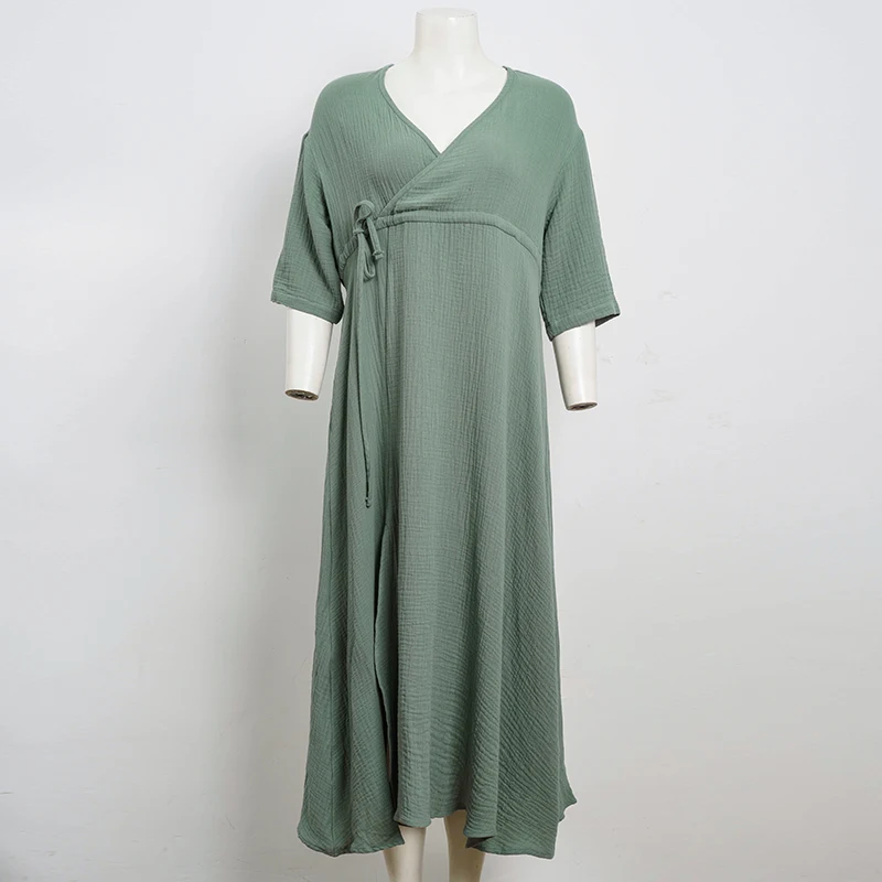 Robe de Soirée Élégante en Mousseline pour Femme, 100% Coton, Gaze, Col en V, Manches Courtes, à Lacets, Été, Décontracté, Streetwear, Plage, Éducatif