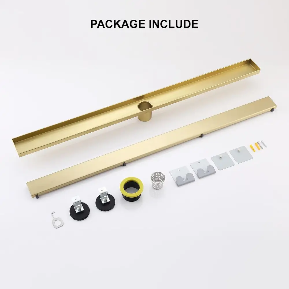 24-Inch Brushed Gold Linear Shower Drain with Tile Insert and Hair Strainer