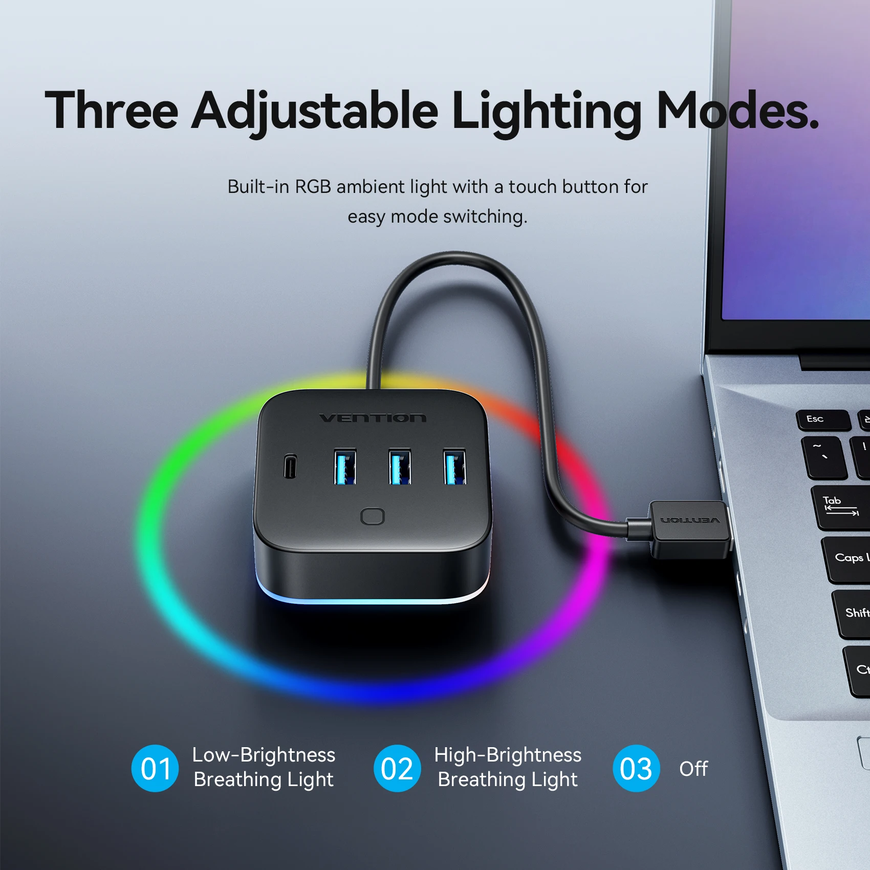 Hub USB A 3.0 Vention z podświetleniem RGB, przełącznikiem, USB C 3.2 Gen1 5Gbps, adapter hub do komputera stacjonarnego, akcesoria do laptopa, rozdzielacz USB, przedłużacz — zdjęcie produktu 3