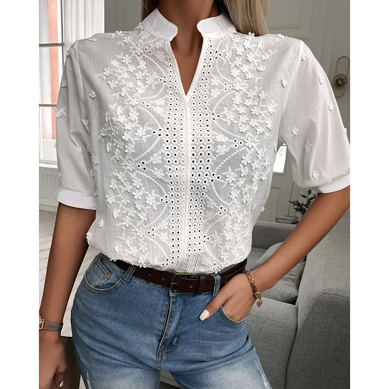 Chic Solid Hollow-out V Neck Lace Blouse Floral Patterns Embroidery Decoration Casual Women Shirt Puff Sleeved Half Cotton Tops