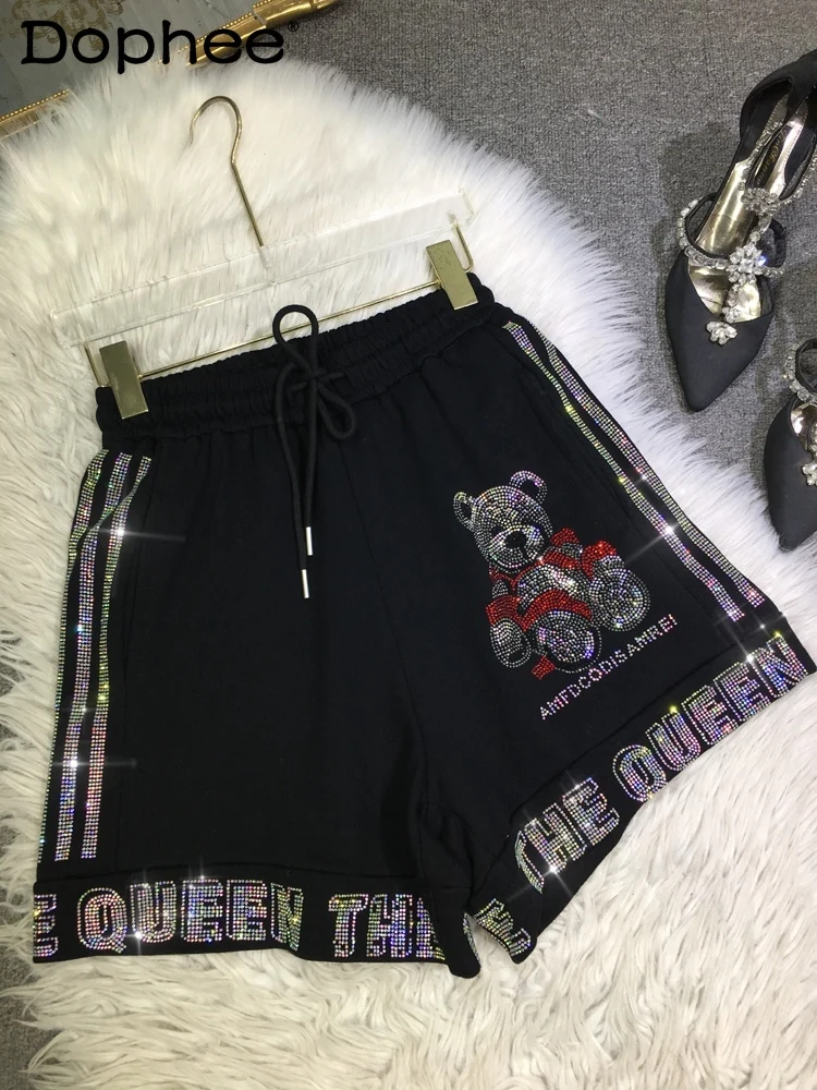 

Cute Bear Letter Rhinestone Shorts Women 2024 Summer Casual Versatile Elastic Waist Wide Leg Shorts Fashion Black Hot Pants
