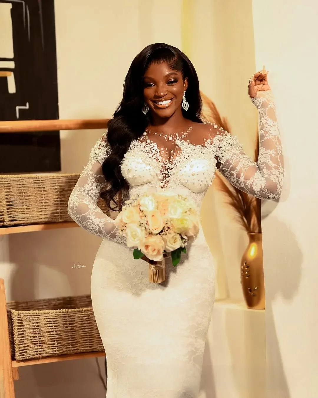 Abiti da sposa taglie forti personalizzati Abiti da sposa Sirena Illusion Maniche lunghe Perline Pizzo a strati Tulle Perle