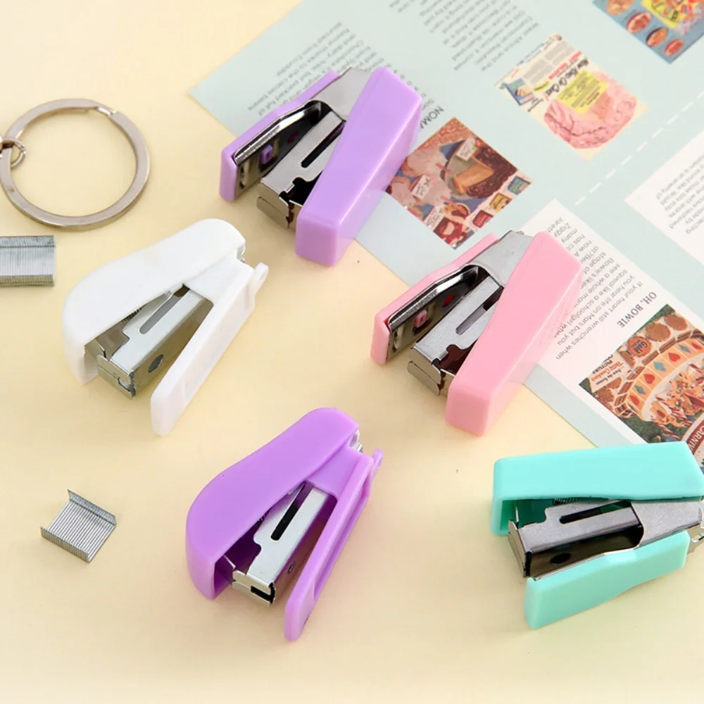 Solid Color Cute Portable Mini Keychain Stapler Paper Binder Stationery Small Paper Staples Office Binding Tool School Supplies