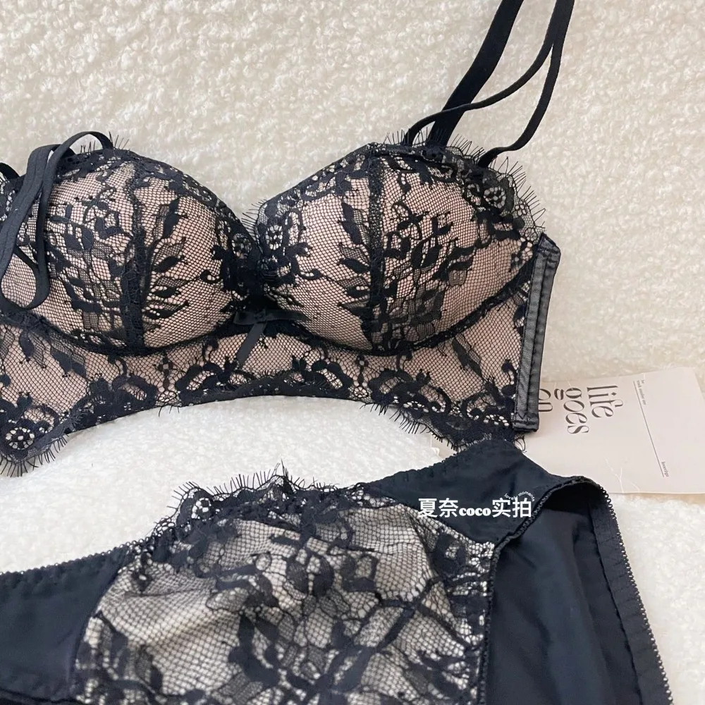 Elegant French Lace Bra Panty Set, Side Support Collect Underarm Fat, Soft Breathable Push Up Brassiere for Small Bust, 32-38