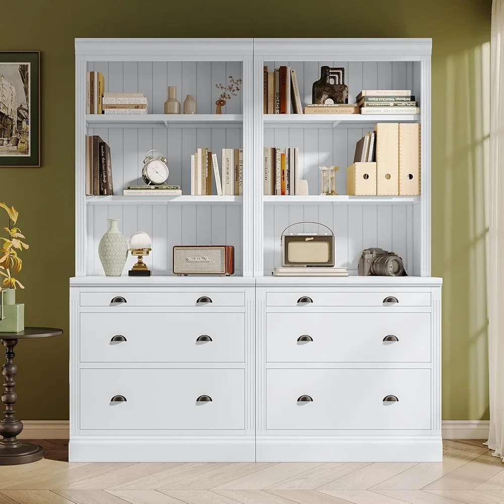 

Bookshelf Set of 2, 84” Tall Bookcase with 6 Drawers and LED Lights, Solid Wood Modern Storage Cabinet 71.6"L x 22.4"W x 83.4"H