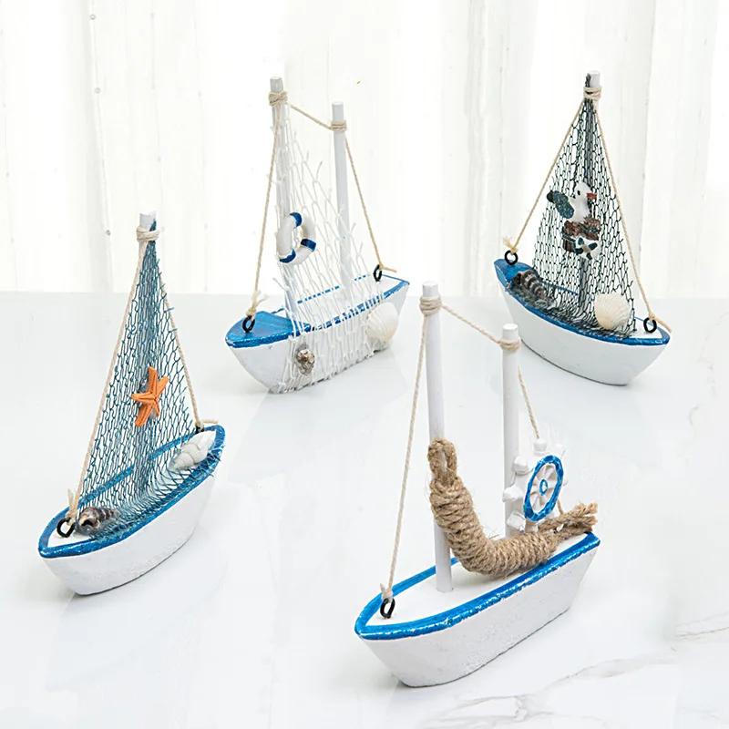 14CM Sailing Crafts Ornaments Mediterranean Style Wooden Sailing Boat Model Home Decoration Accessories Living Room Decor Gifts