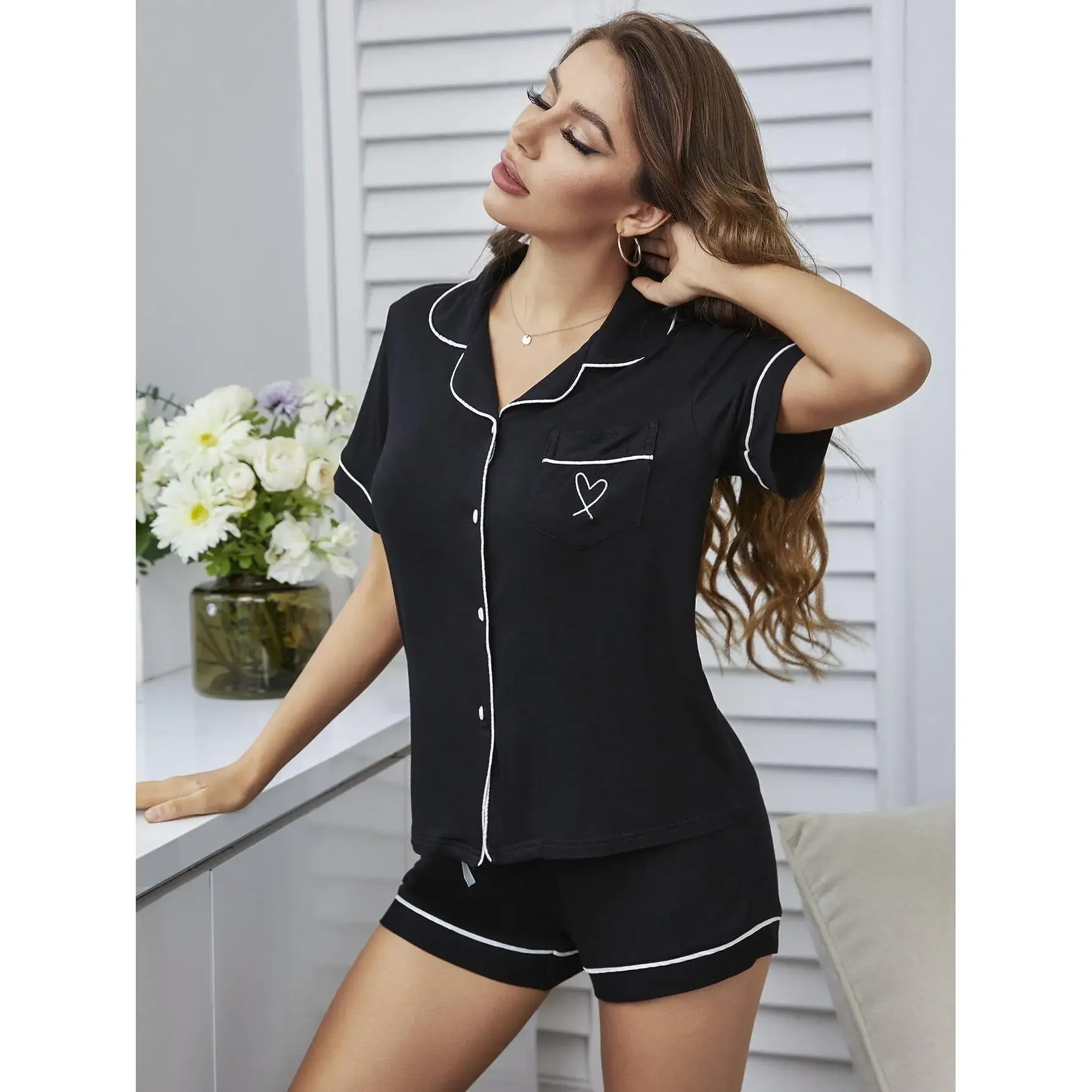 Summer Female Pajamas Home Clothes Set Black Short Sleeve Shorts Pijamas Suit Women Loose Nightshirt Loungewear