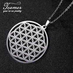 Teamer Vintage Flower of Life Stainless Steel Necklace for Women Viking Round Pendant Long Neck Chain Wicca Amulet Jewelry Gifts