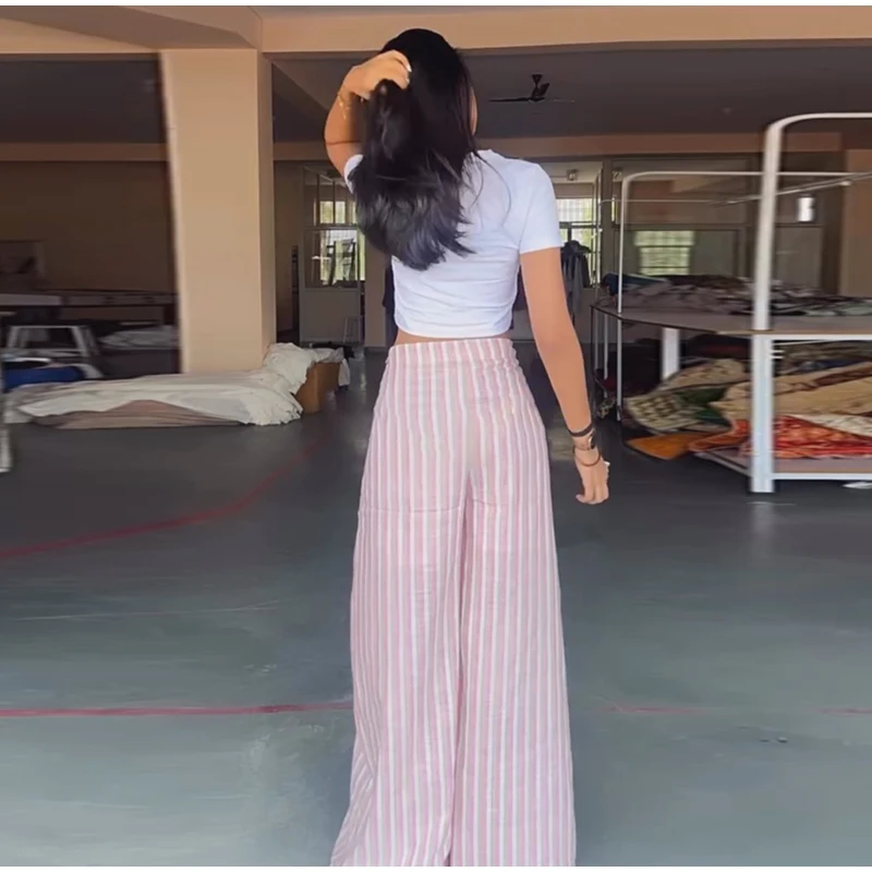 Casual Striped Women's Trouser Lace-Up Adjust Belt High Waist Wide Leg Pants 2026 Summer Autumn Fashion Female Street Trousers