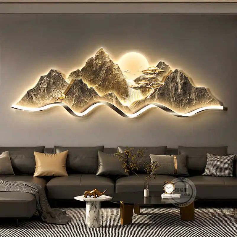 

Living room decorative painting sofa background wall hanging painting atmosphere three-dimensional landscape LED light painting