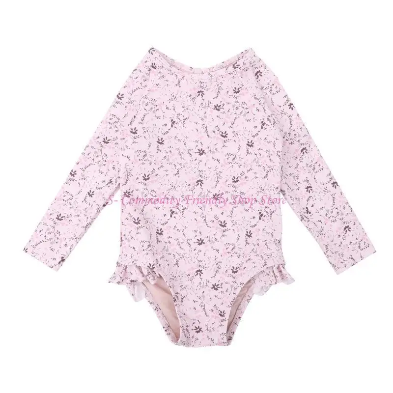 85AE UPF50+ Girls Floral Print Swimsuit Long Sleeve Bath Suit Lovely Pattern Suit