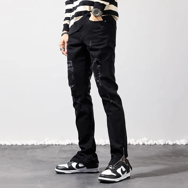 Pantalones vaqueros rasgados elásticos para Hombre, Jeans negros de moda, pantalones Punk con cremallera inferior, pantalones de Hip Hop de diseñador