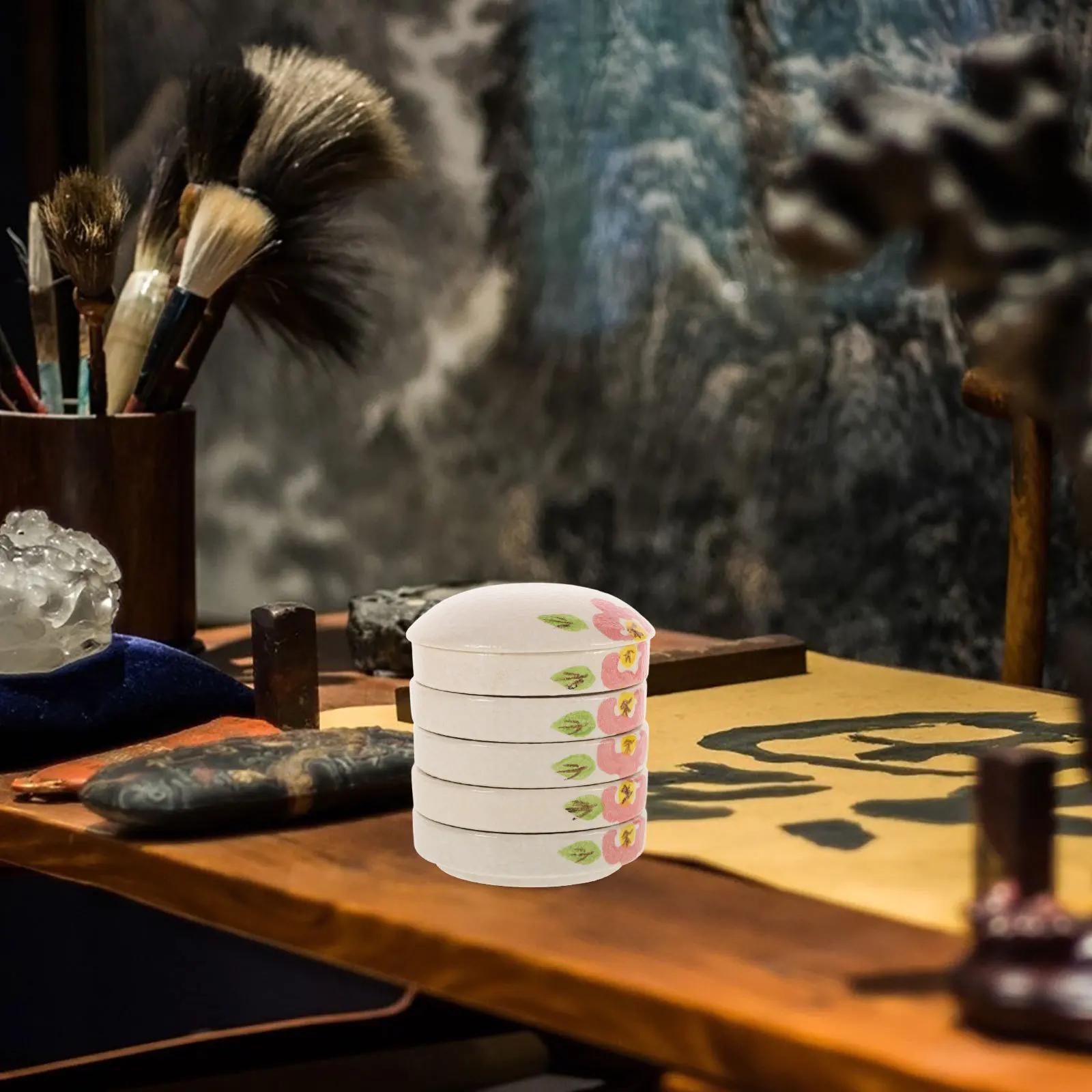 

Ceramic Painting Palette with Lid Durable Smooth Surface Vintage Pattern for Watercolor Gouache Traditional Chinese Painting