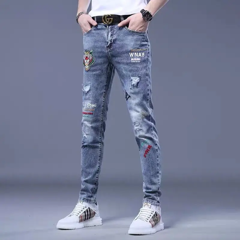 spring autumn jeans for men original Slim hip hop harajuku fashion designer stylish hip hop denim Male Cargo Embroidery trousers