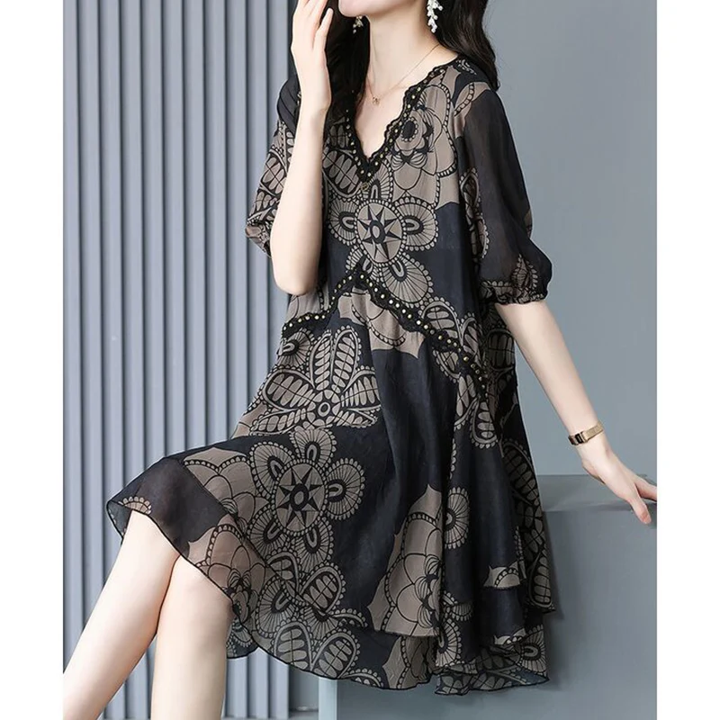 Elegant Fashion Casual Printed Lace Patchwork Dresses Summer 2023 Short Sleeve V-Neck Loose Pullover Midi Dress Women\'s Clothing