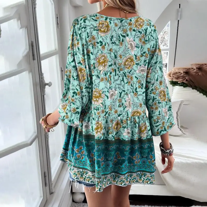 Spring Summer Blouse Vintage Floral Shirt Loose Long Sleeved T-Shirt Retro Tops Green Blouse Fashion Streetwear Female Clothing