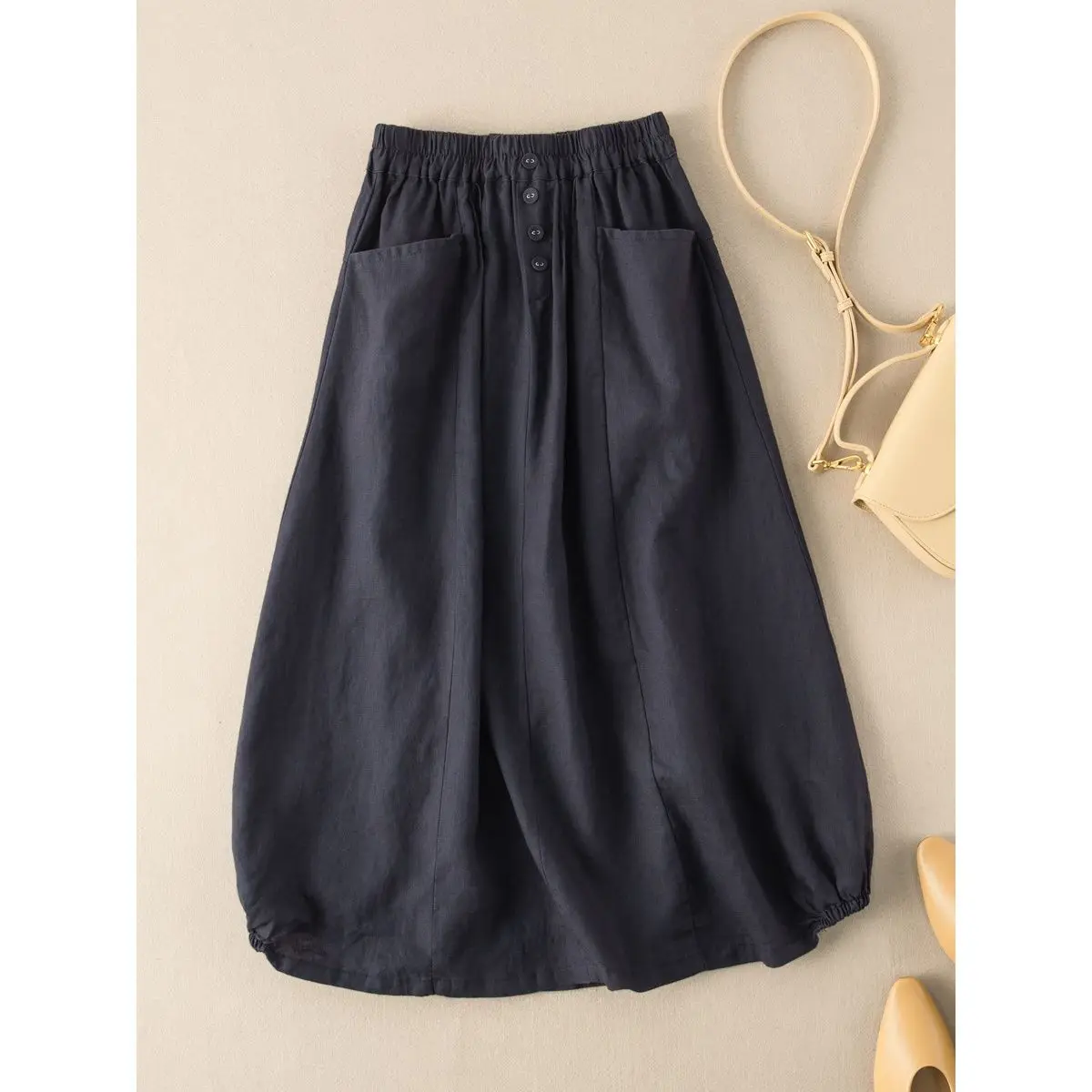 2021 Summer New Imitation Linen Retro Skirt Female Summer Mid-length High-waisted A-line Thin Literary Temperament Large Size