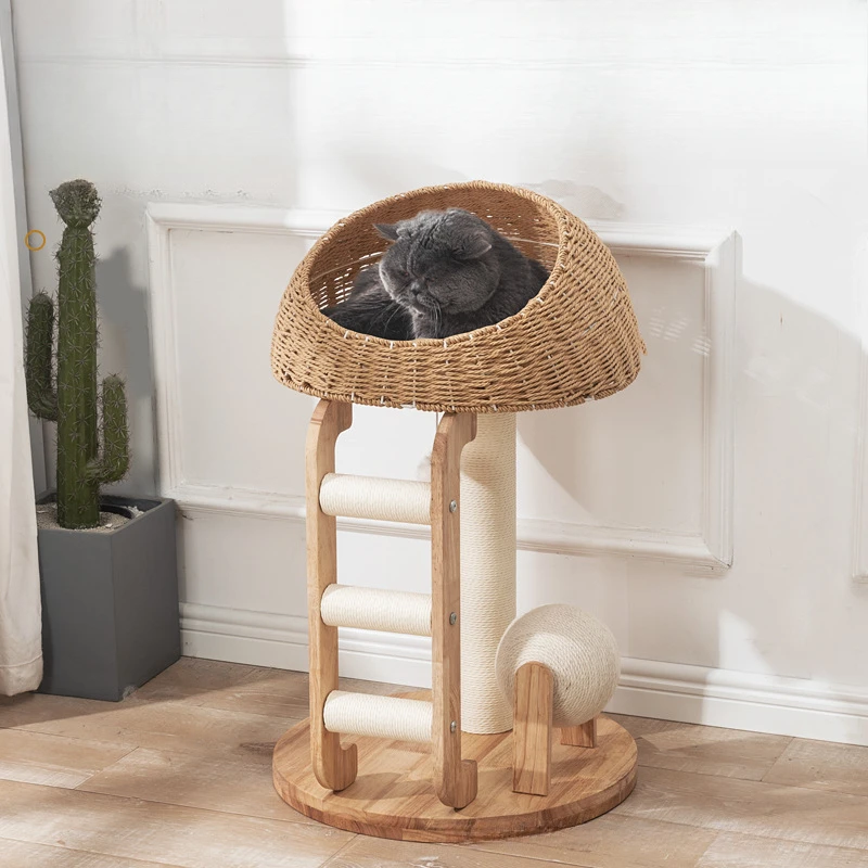 

Solid Wood Cat Climbing Nest Tree Sisal Column Capsule Cat Shelf Upper Floor Pet Toy Furniture Products Scratchers Accessories
