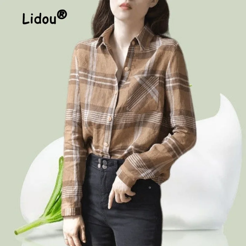 

Vintage Lattice Pocket Single-breasted Blouse Womne New Long Sleeve Loose Polo Collar British Style Temperament Lady Shirt 2022