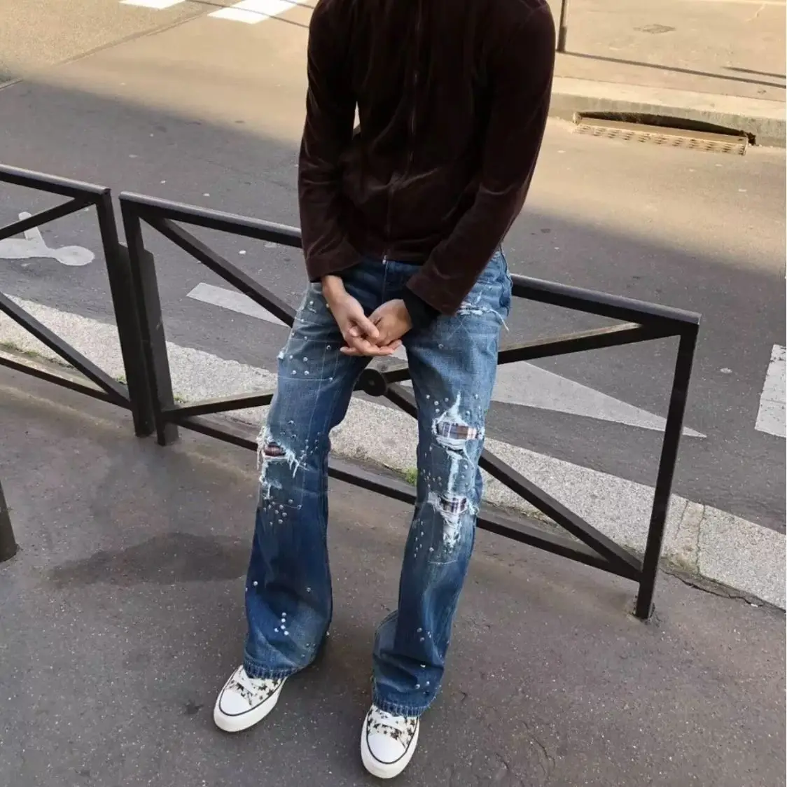 Men's Distressed Style Patch Jeans Casual Pants Summer Streetwear Wide-leg Trousers Boy Bottom Male High Waist Sweatpants