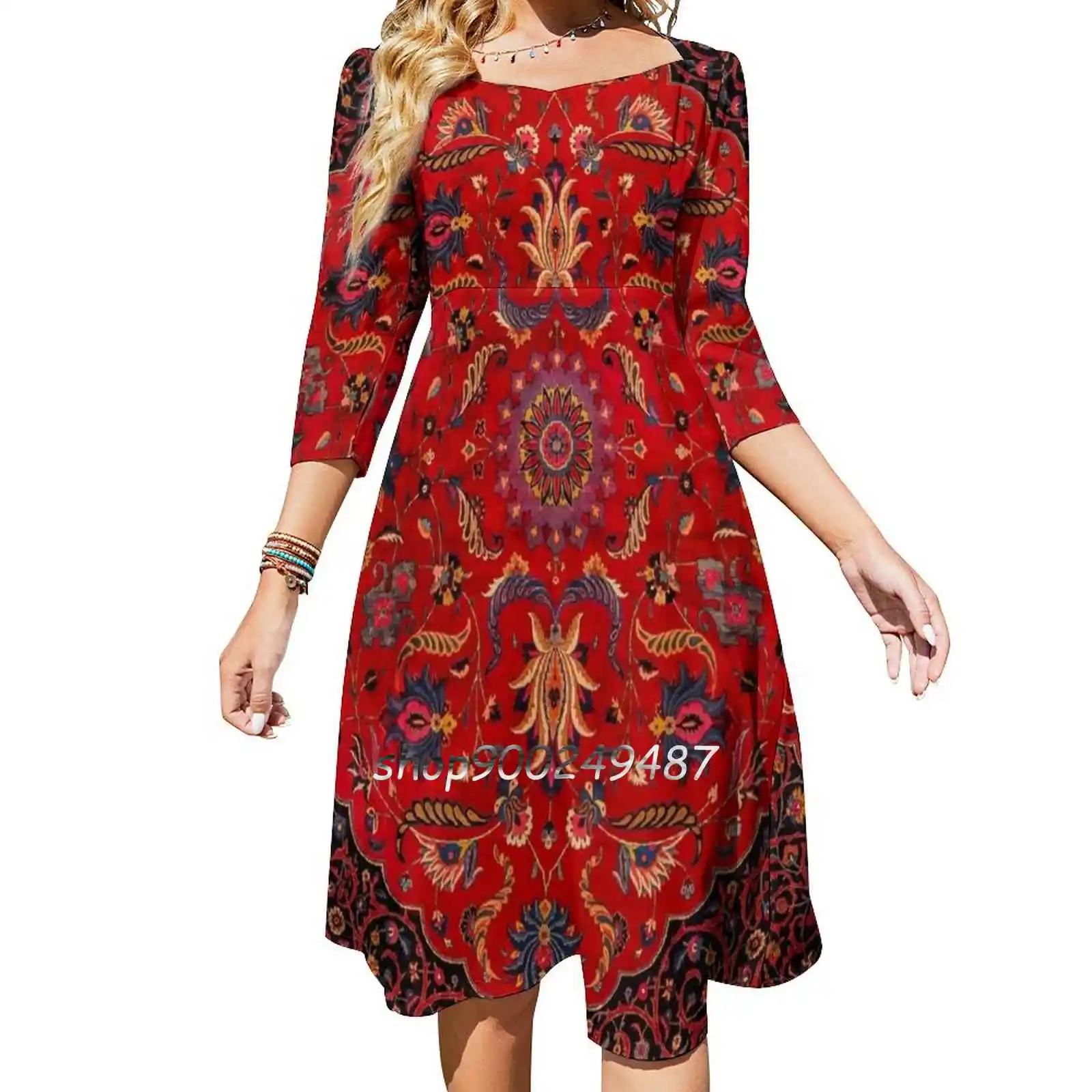 Antique Persian Rug Flare Dress Square Neck Dress Elegant Female Fashion Printed Dress Antique Carpet Mashad Oriental Rug