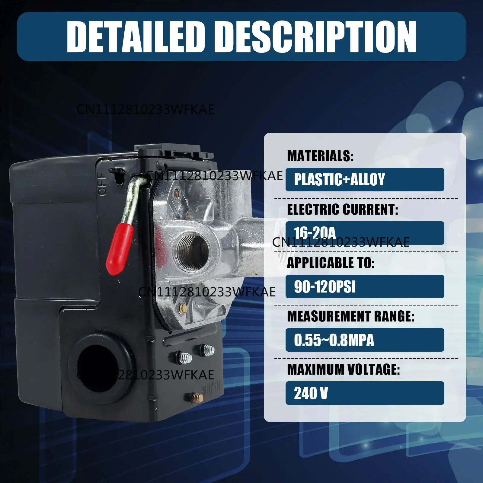 4 Ports  95-120 PSI Air Compressor Pressure Switch 16-20A Safe Air Compressor Shut Off Switch Air Compressor Replacement Parts