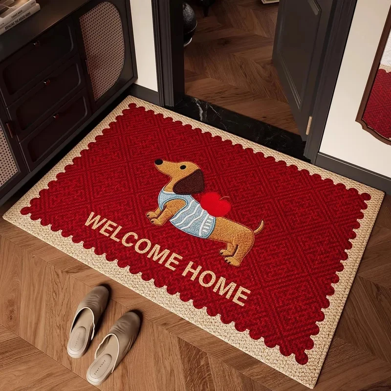 VIKAMA Dachshund Pattern Dog Rug 'Welcome Home' Vintage American Style Non-Slip Floor Mat Red/Beige for Hallway Decor
