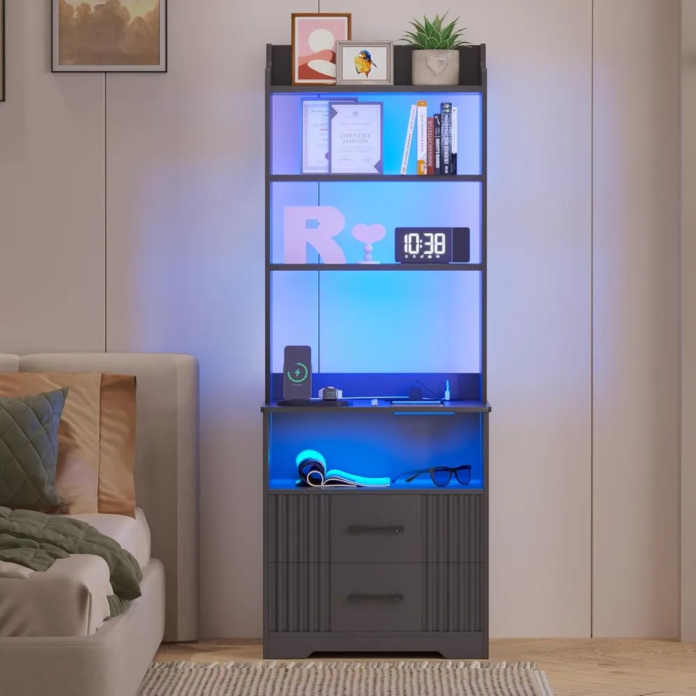 

Tall Nightstand with Charging Station, 54" Smart Nightstand with LED Lights, Modern Night Stand with Bookshelf, Bedside Tables