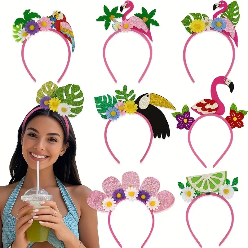 6 Piezas de Diademas Hawaianas Nuevas con Palmeras, Flores y Flamencos, Decoraciones para Fiestas en la Playa, Cumpleaños, Despedidas de Soltera y Bodas