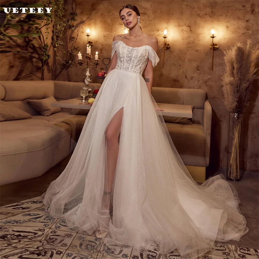 UETEEY Customized Off Shoulder V Neck Appliques Tulle Wedding Dress Women A Line Zipper Back High Slit Train vestidos de novia