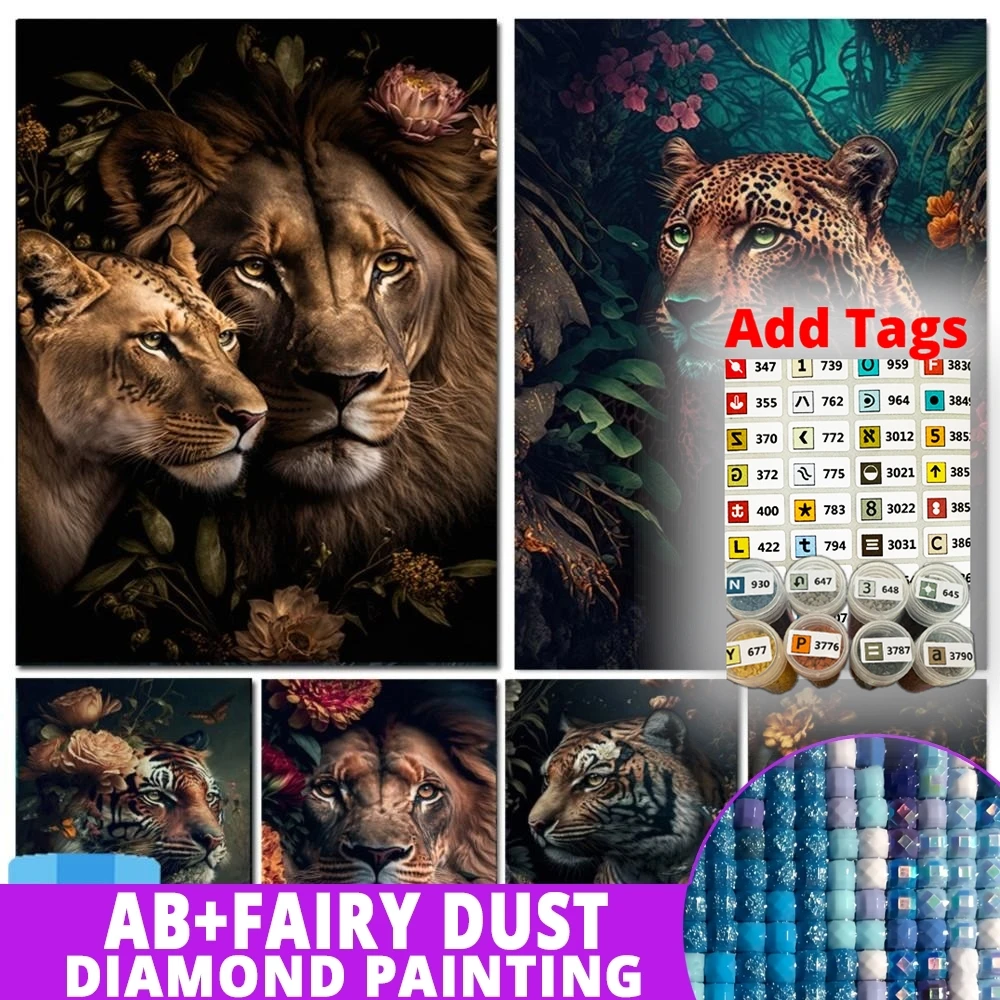 الجنية الغبار AB يأتي مع ملصقات DMC 5D DIY بها بنفسك الماس اللوحة التدريبات الكاملة الحيوانات الحيوانات الأسد زهرة النمر ليوبارد الباندا التطريز