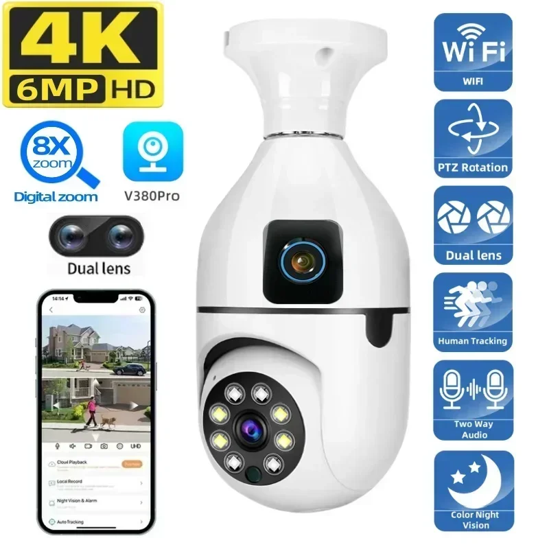 Lámpara de bombilla E27 de 6MP, 4K, cámara panorámica inalámbrica, lente Dual, vigilancia WiFi interior, visión nocturna en Color, cámara con Zoom 8X, Monitor para el hogar