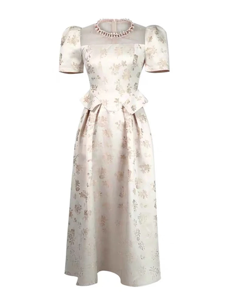 Women Clothes Evening Jacquard Sheer Sexy O-Neck Slim A-Line Long Dress Elegant Lady Fashion Party Birthday Vestidos Robe Summer