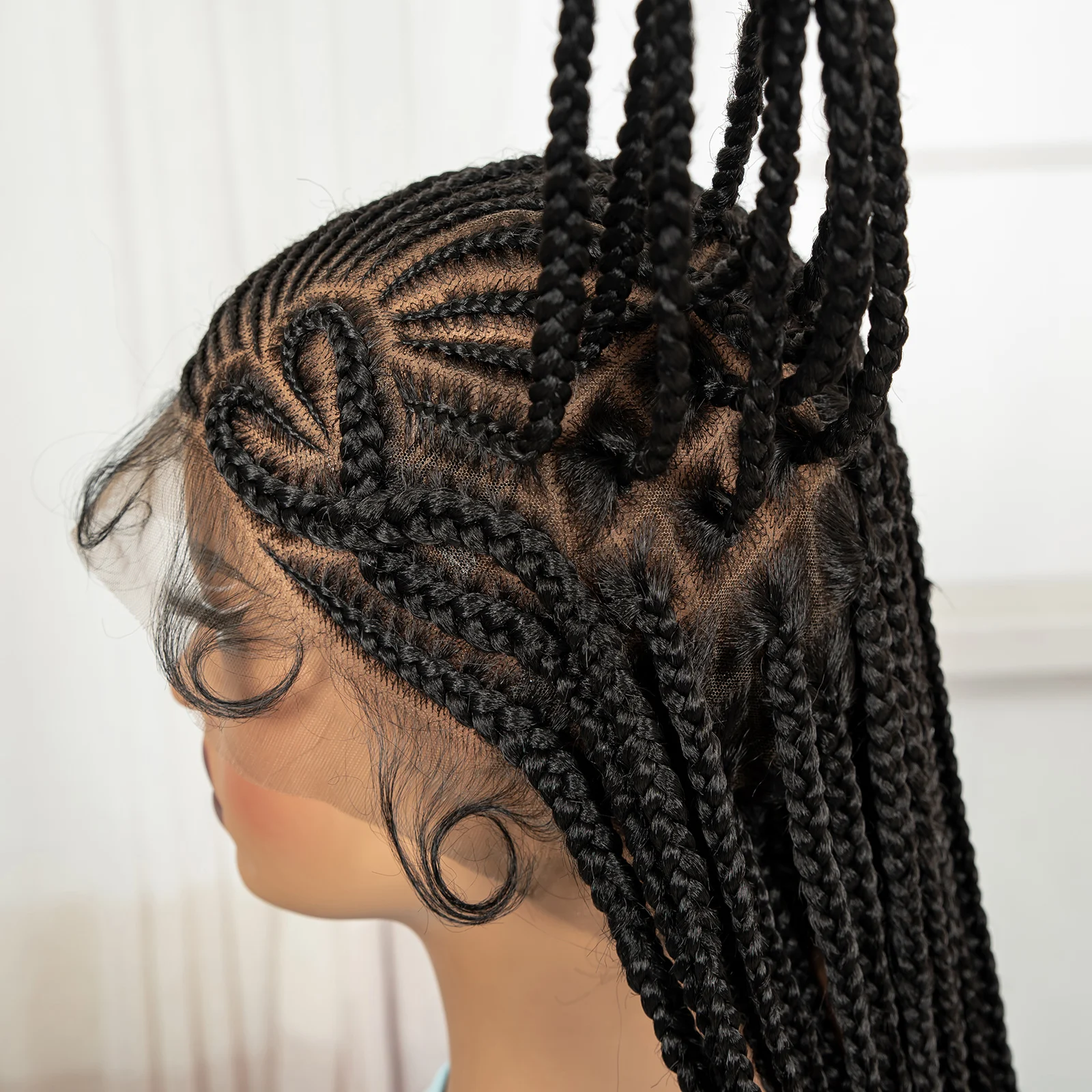 Perucas Trançadas de Renda Completa 36 polegadas, Cabelo Sintético Trançado, Perucas de Renda Trançada em Caixa com Cabelo de Bebê para Mulheres Negras